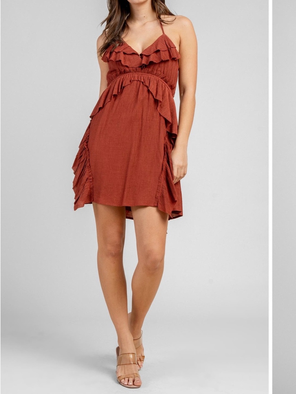 Ruffled Halter Mini Dress in Rust